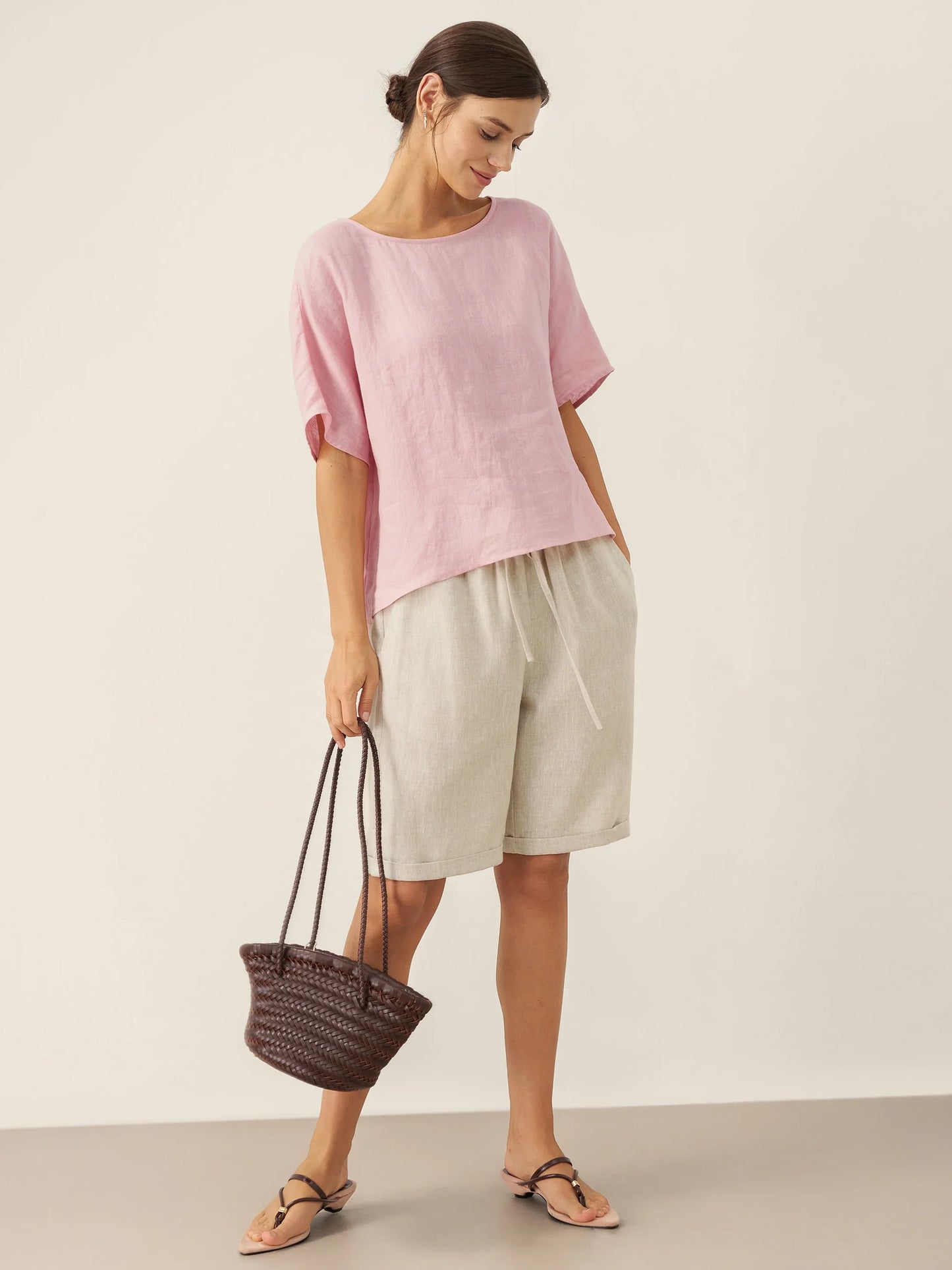 Thandie | Women’s Linen Round Neck Back-Opening Blouse