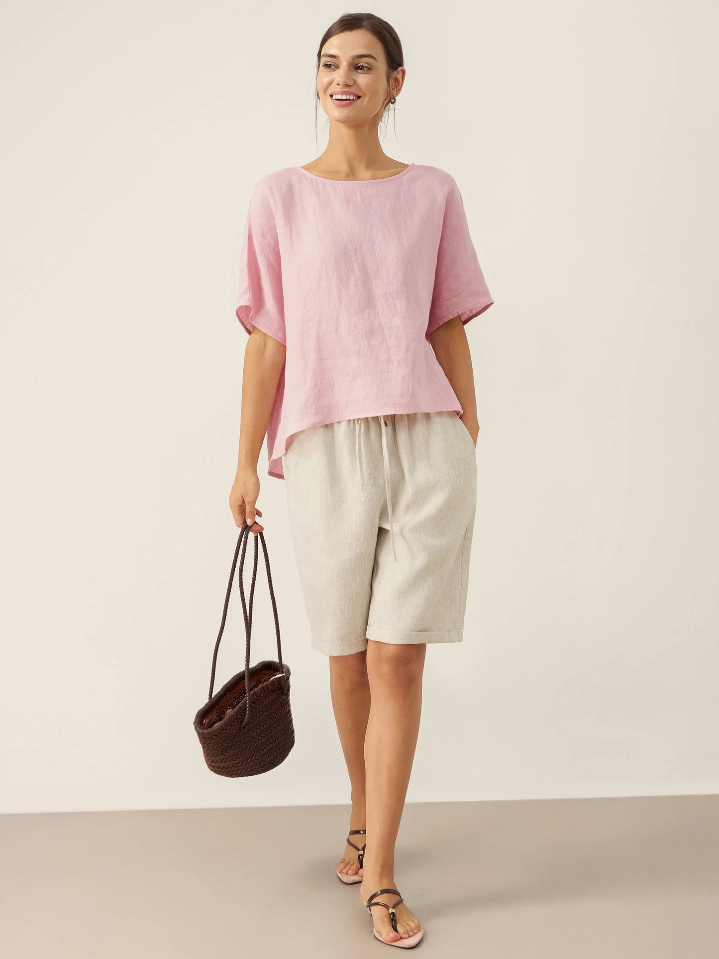 Thandie | Women’s Linen Round Neck Back-Opening Blouse