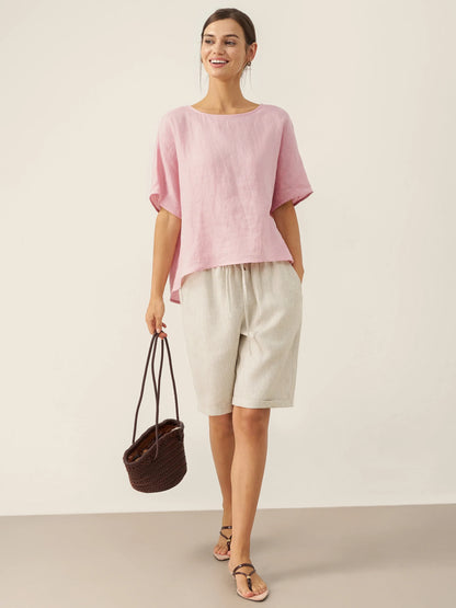 Thandie | Women’s Linen Round Neck Back-Opening Blouse