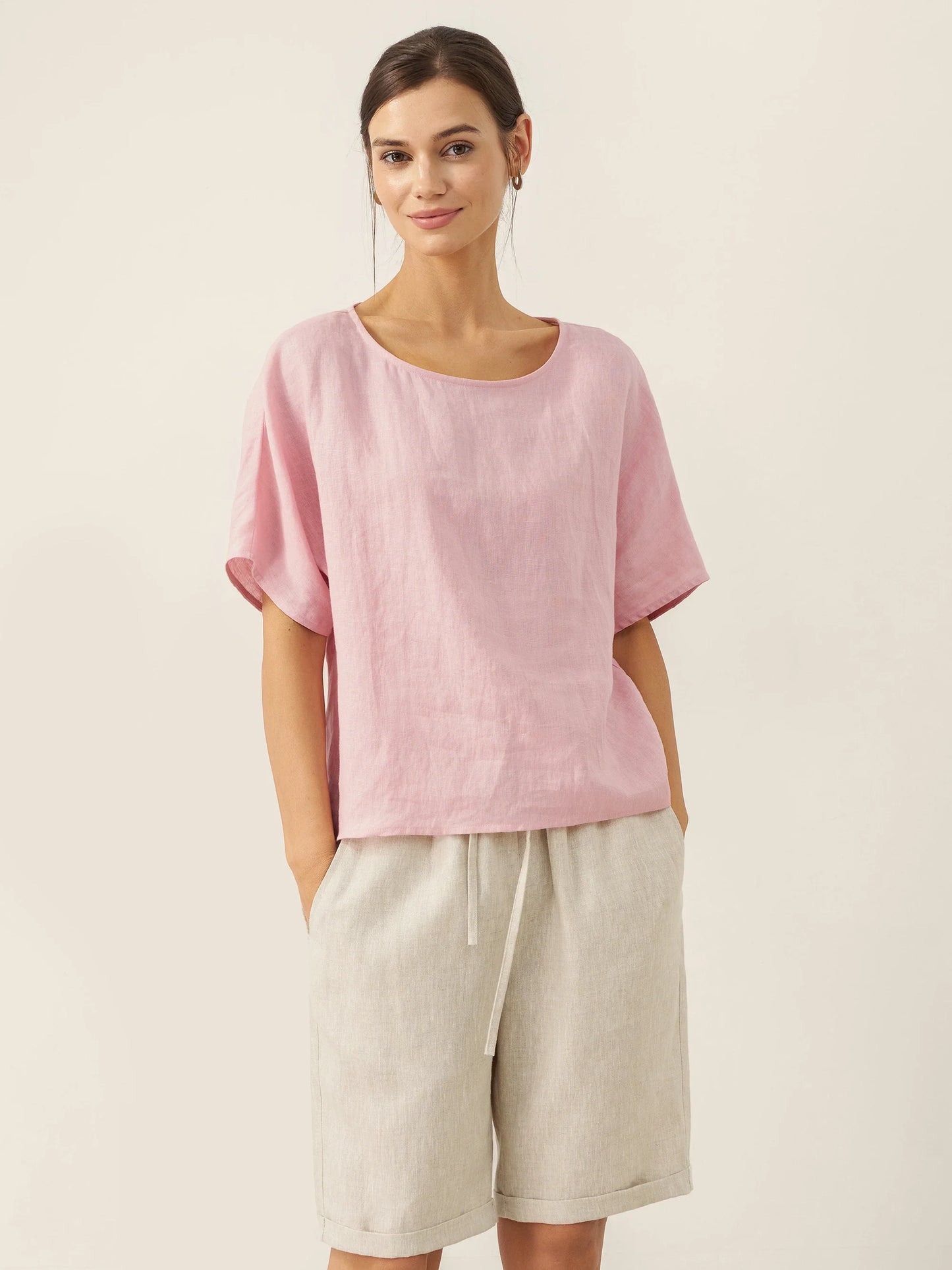 Thandie | Women’s Linen Round Neck Back-Opening Blouse