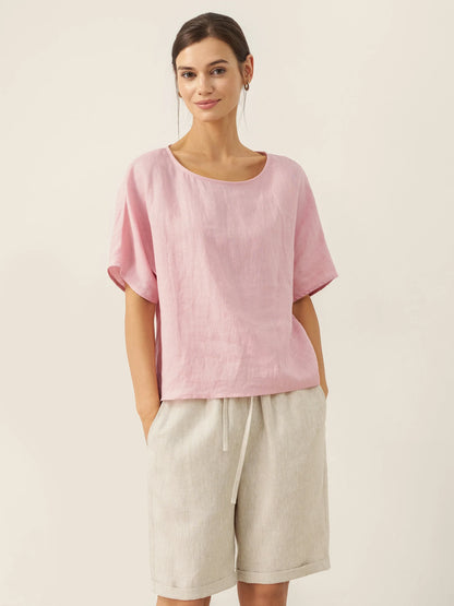 Thandie | Women’s Linen Round Neck Back-Opening Blouse