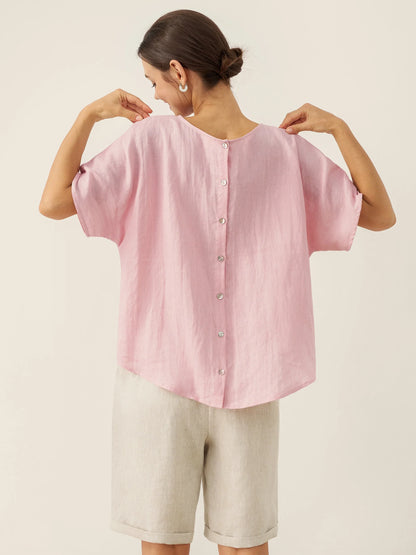 Thandie | Women’s Linen Round Neck Back-Opening Blouse
