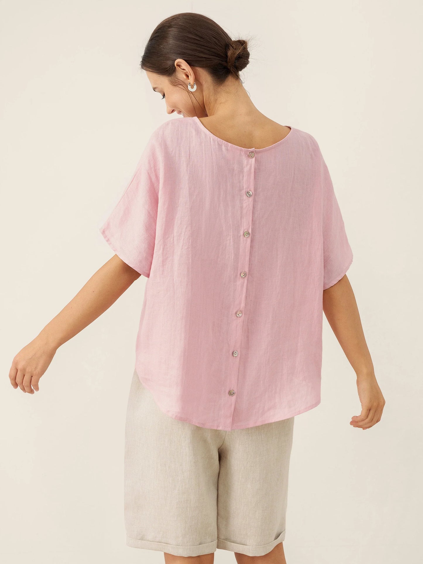 Thandie | Women’s Linen Round Neck Back-Opening Blouse