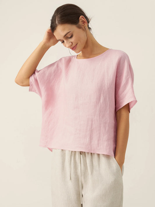 Thandie | Women’s Linen Round Neck Back-Opening Blouse