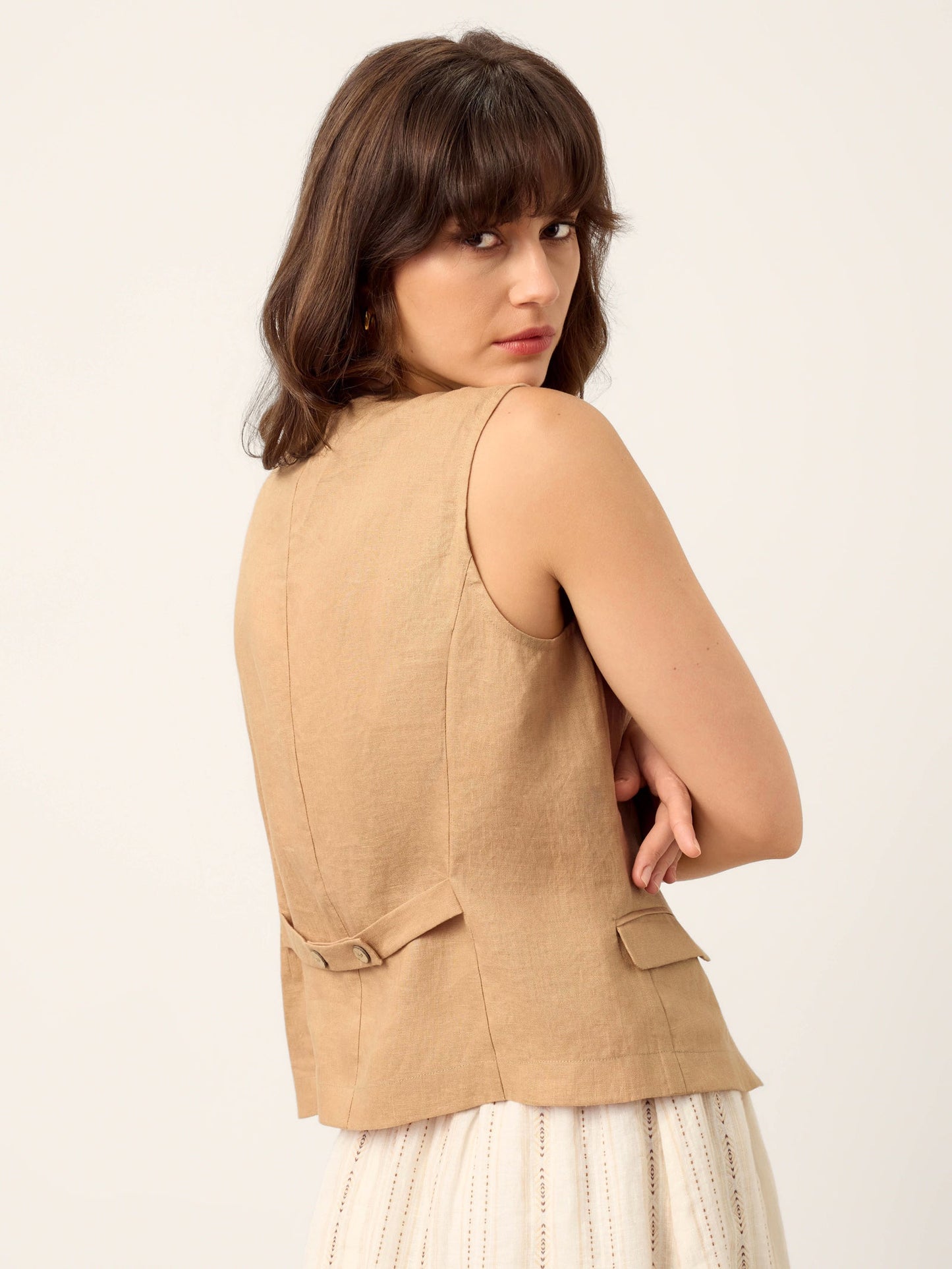 Jordan | Women’s Linen Cinch-Back Sleeveless Tailored Vest Blouse