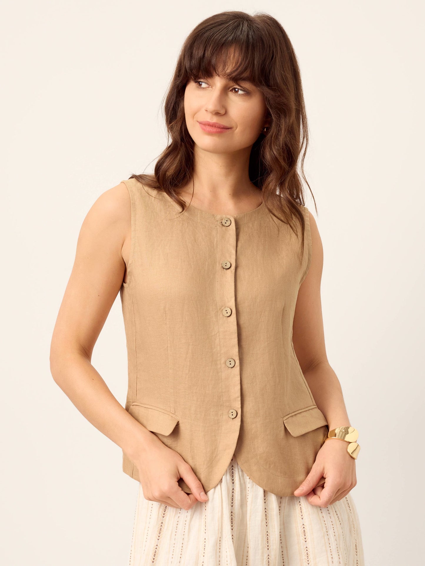 Jordan | Women’s Linen Cinch-Back Sleeveless Tailored Vest Blouse