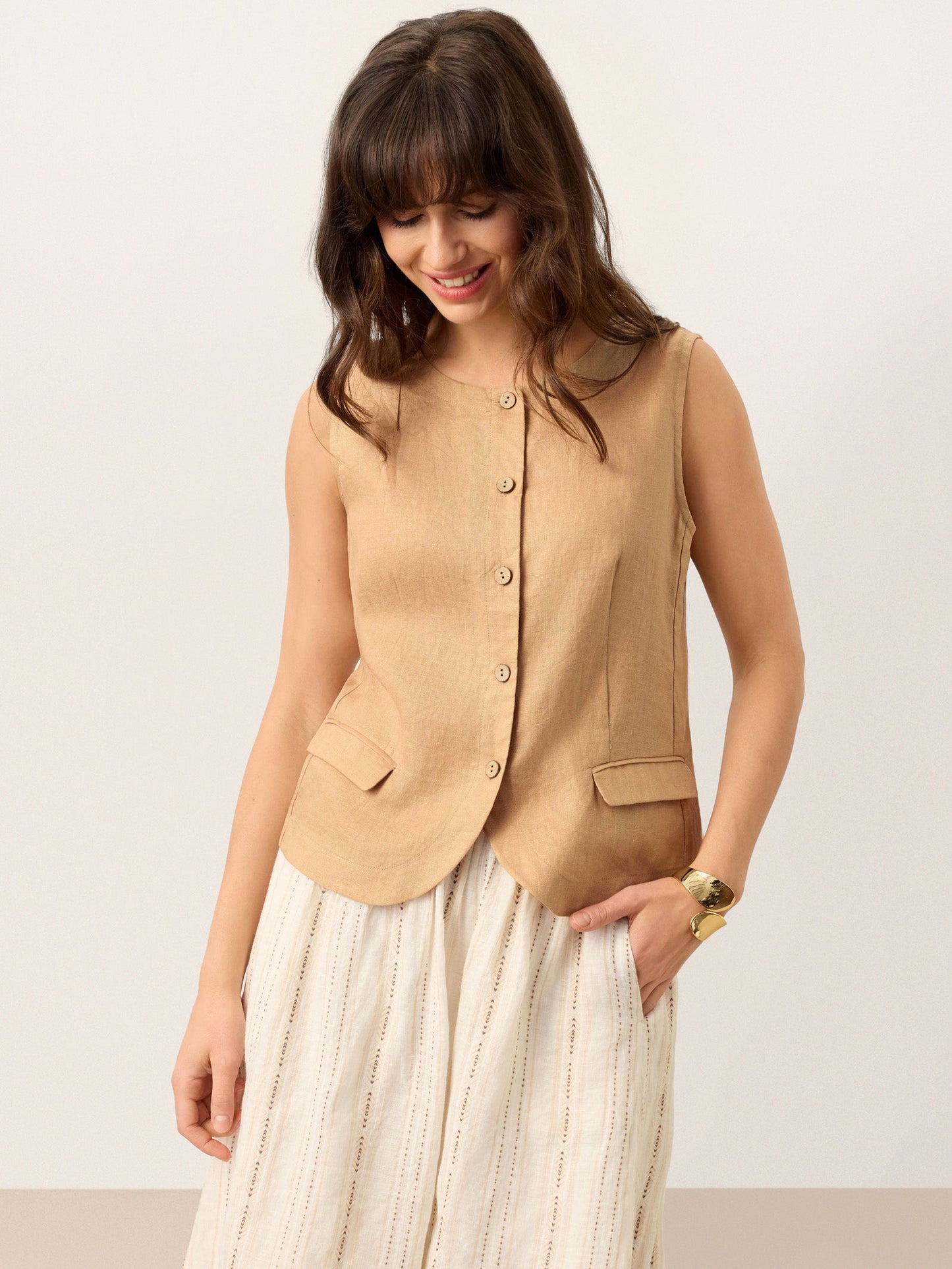 Jordan | Women’s Linen Cinch-Back Sleeveless Tailored Vest Blouse