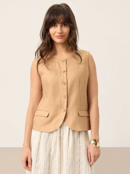 Jordan | Women’s Linen Cinch-Back Sleeveless Tailored Vest Blouse