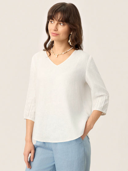 Ansley | Women’s Linen Scoop Neck Slit-Back Pullover Blouse