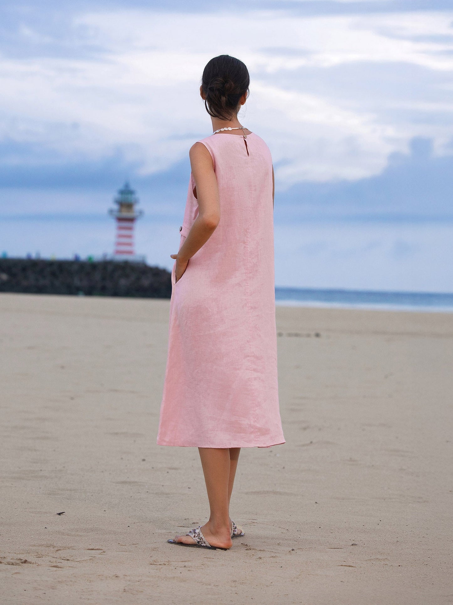 Cora | Women’s Blush Linen Sleeveless Pleated Midi Dress