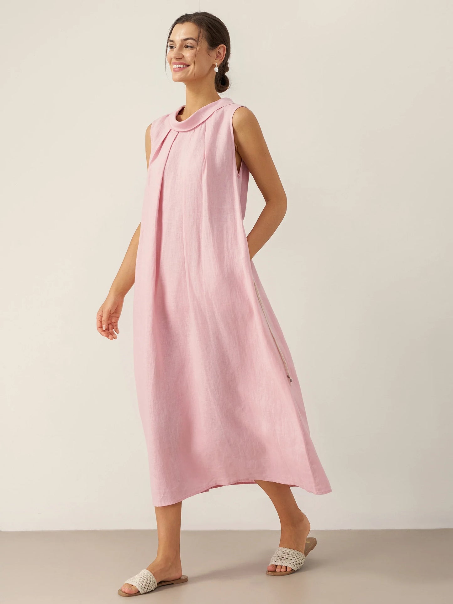 Viviana | Women’s Linen Structured Collar Belted Sleeveless Maxi Dress