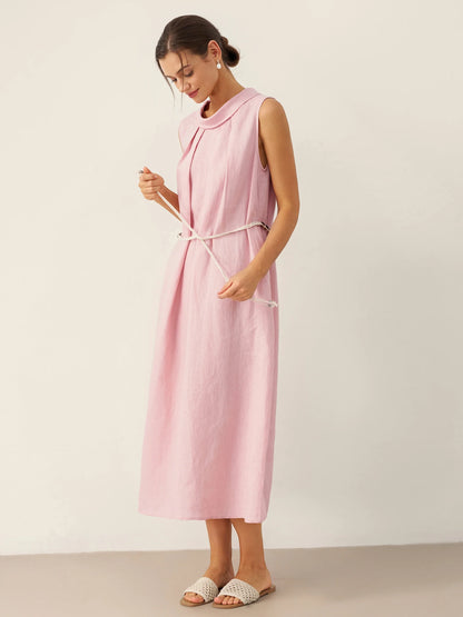 Viviana | Women’s Linen Structured Collar Belted Sleeveless Maxi Dress