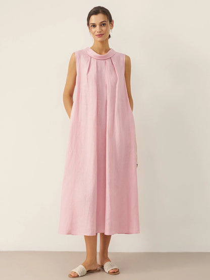 Viviana | Women’s Linen Structured Collar Belted Sleeveless Maxi Dress