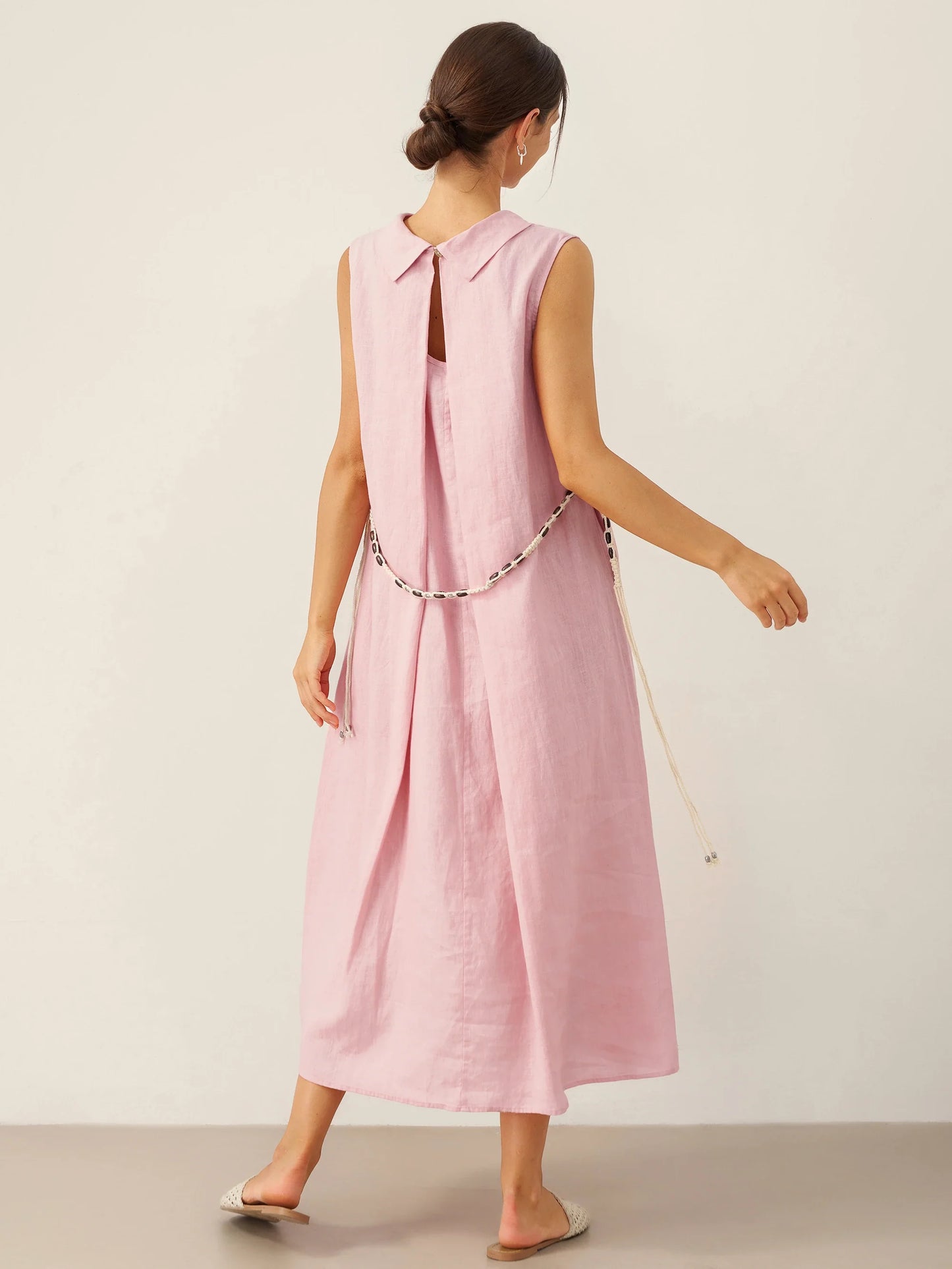 Viviana | Women’s Linen Structured Collar Belted Sleeveless Maxi Dress