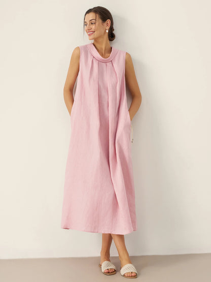 Viviana | Women’s Linen Structured Collar Belted Sleeveless Maxi Dress