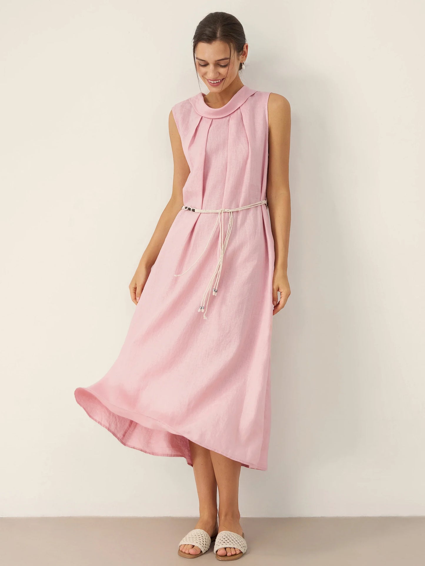 Viviana | Women’s Linen Structured Collar Belted Sleeveless Maxi Dress