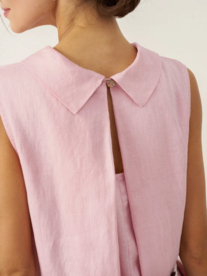 Viviana | Women’s Linen Structured Collar Belted Sleeveless Maxi Dress