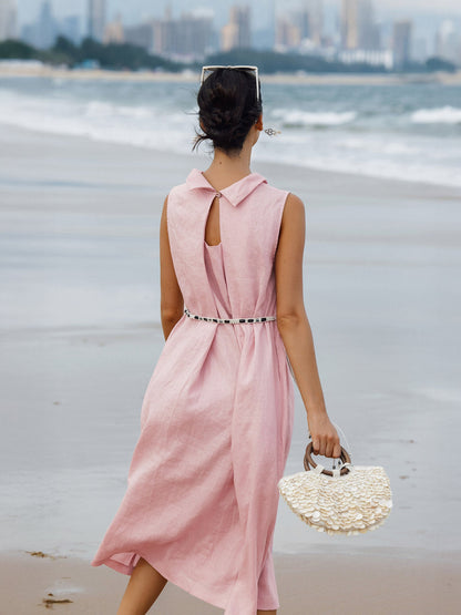 Viviana | Women’s Linen Structured Collar Belted Sleeveless Maxi Dress