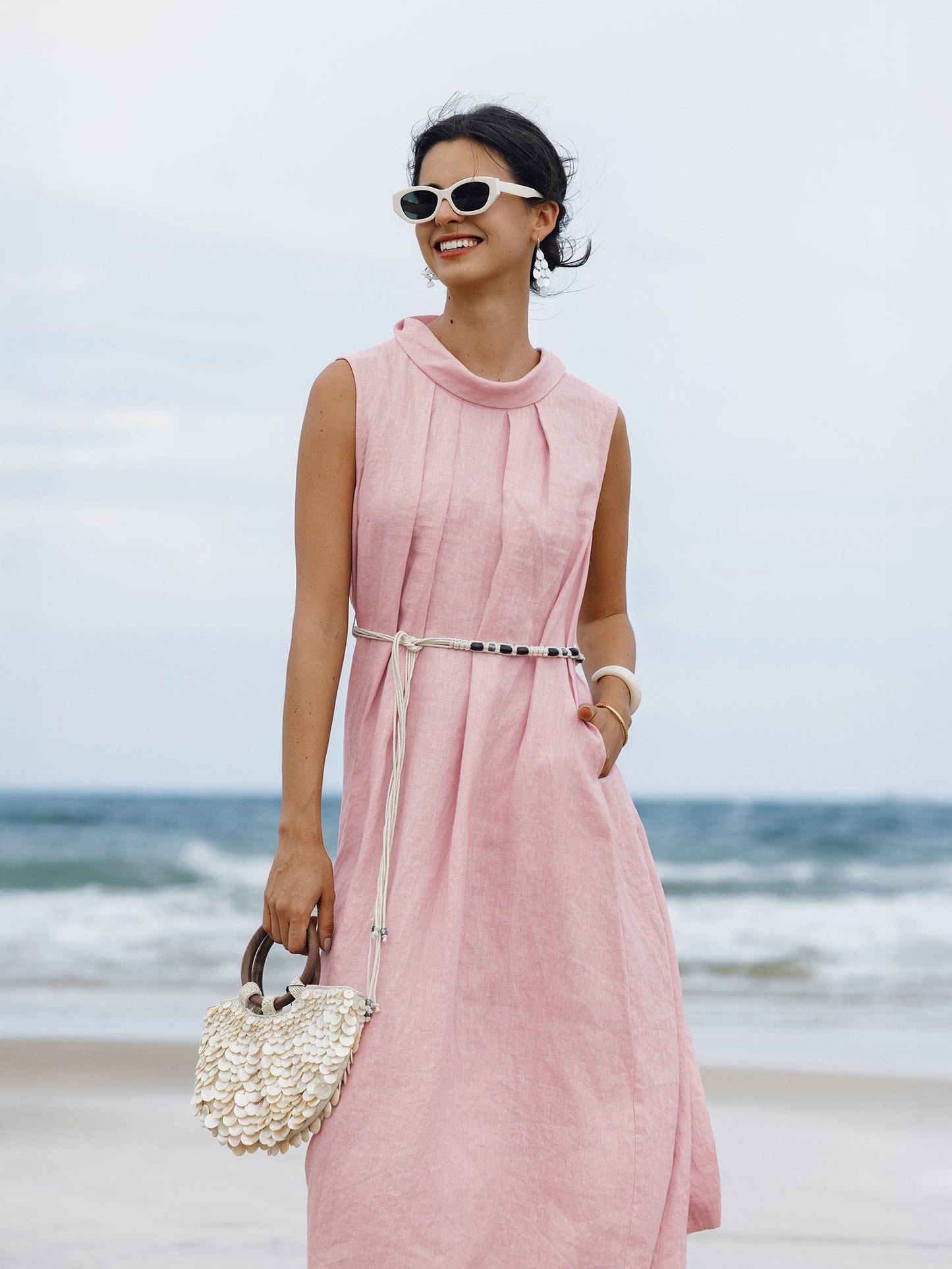 Viviana | Women’s Linen Structured Collar Belted Sleeveless Maxi Dress
