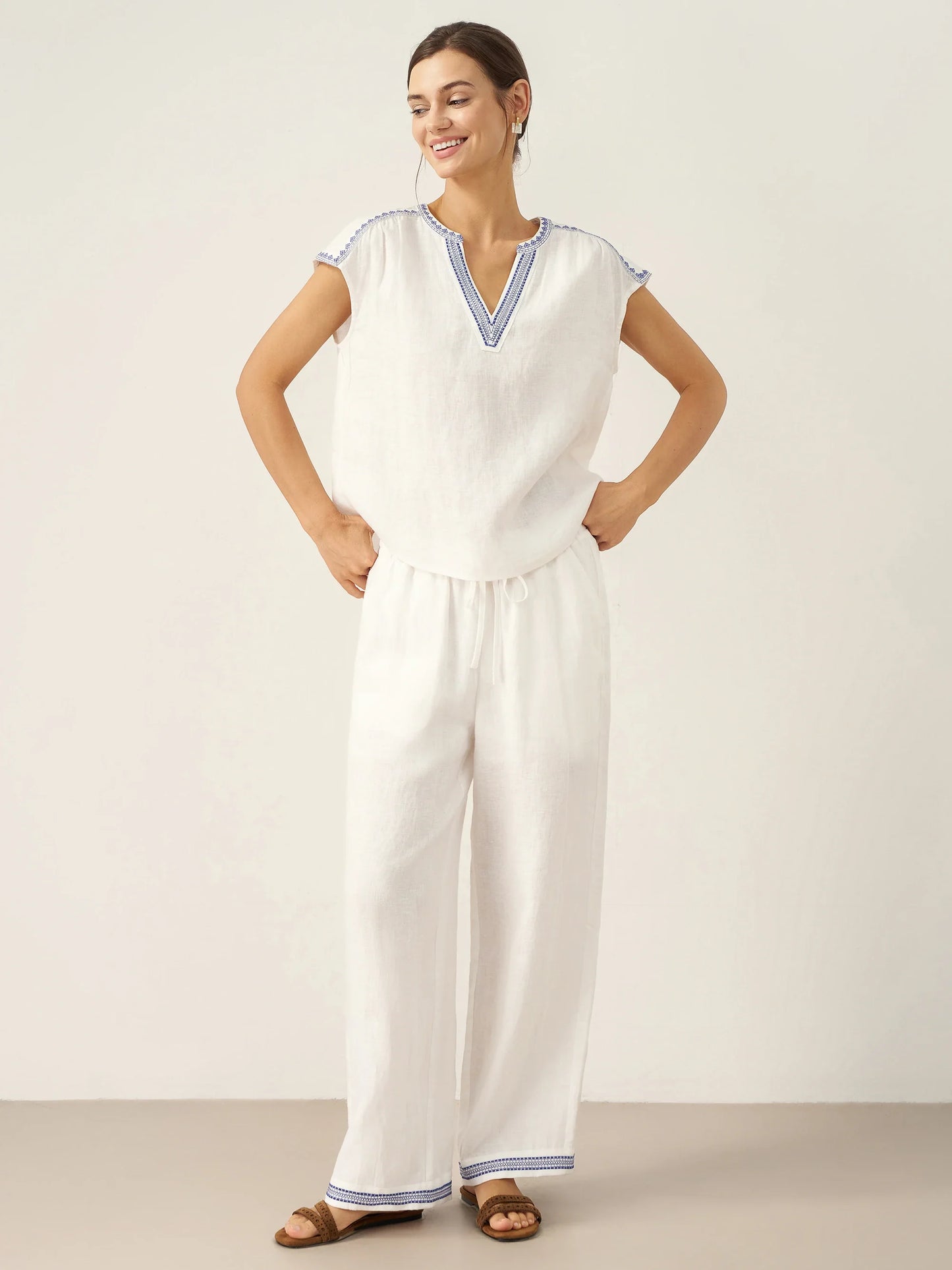 Keira | Women’s Linen V-Neck Embroidered Crop Blouse