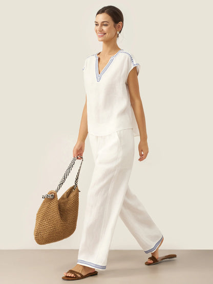 Keira | Women’s Linen V-Neck Embroidered Crop Blouse