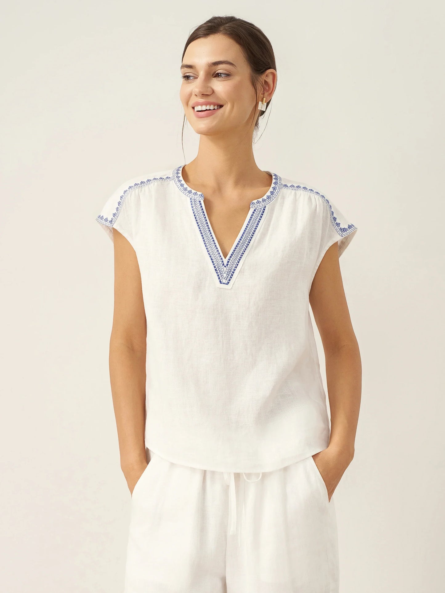Keira | Women’s Linen V-Neck Embroidered Crop Blouse
