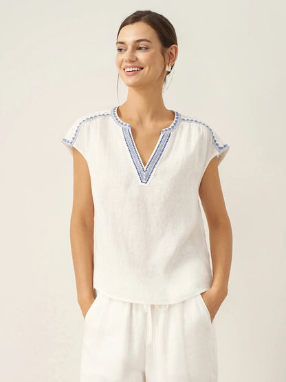 Keira | Women’s Linen V-Neck Embroidered Crop Blouse