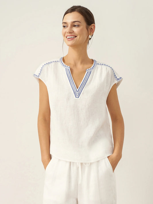 Keira | Women’s Linen V-Neck Embroidered Crop Blouse