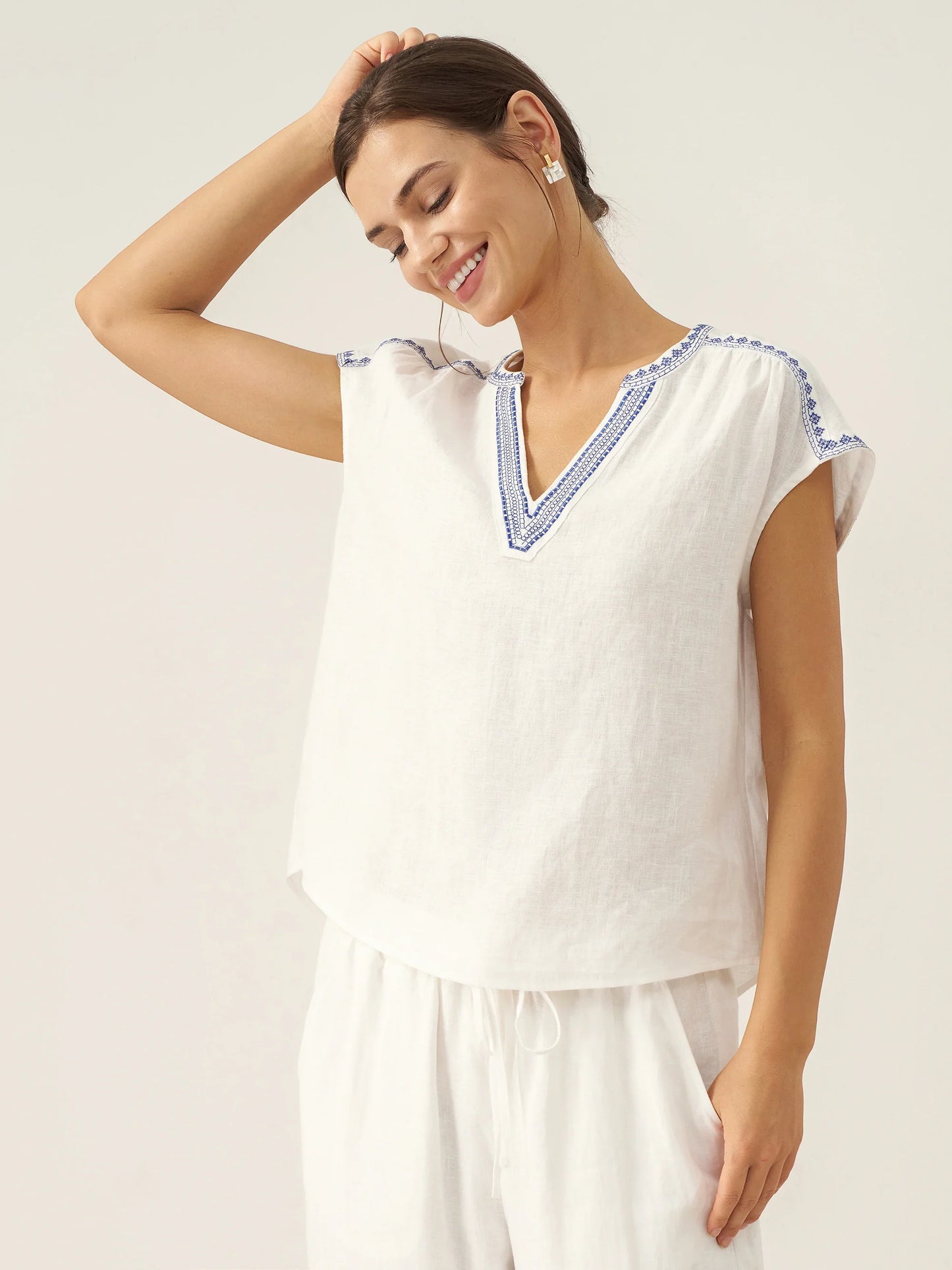 Keira | Women’s Linen V-Neck Embroidered Crop Blouse