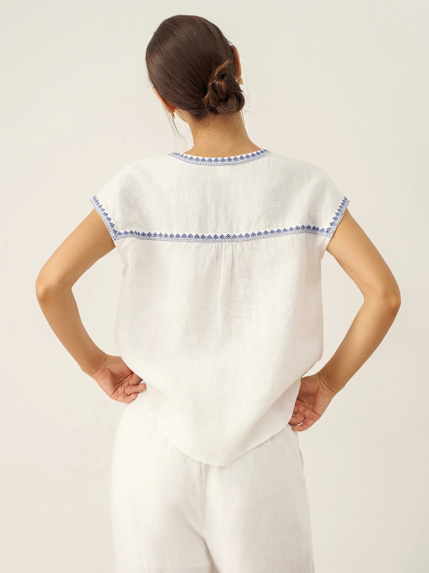 Keira | Women’s Linen V-Neck Embroidered Crop Blouse
