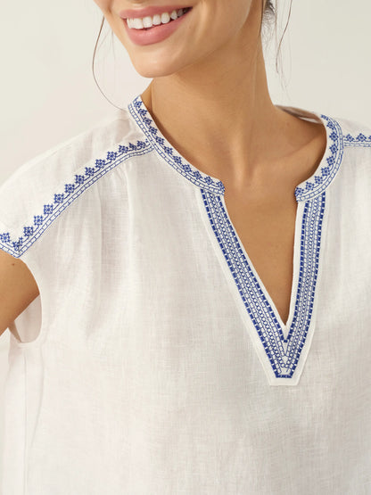 Keira | Women’s Linen V-Neck Embroidered Crop Blouse