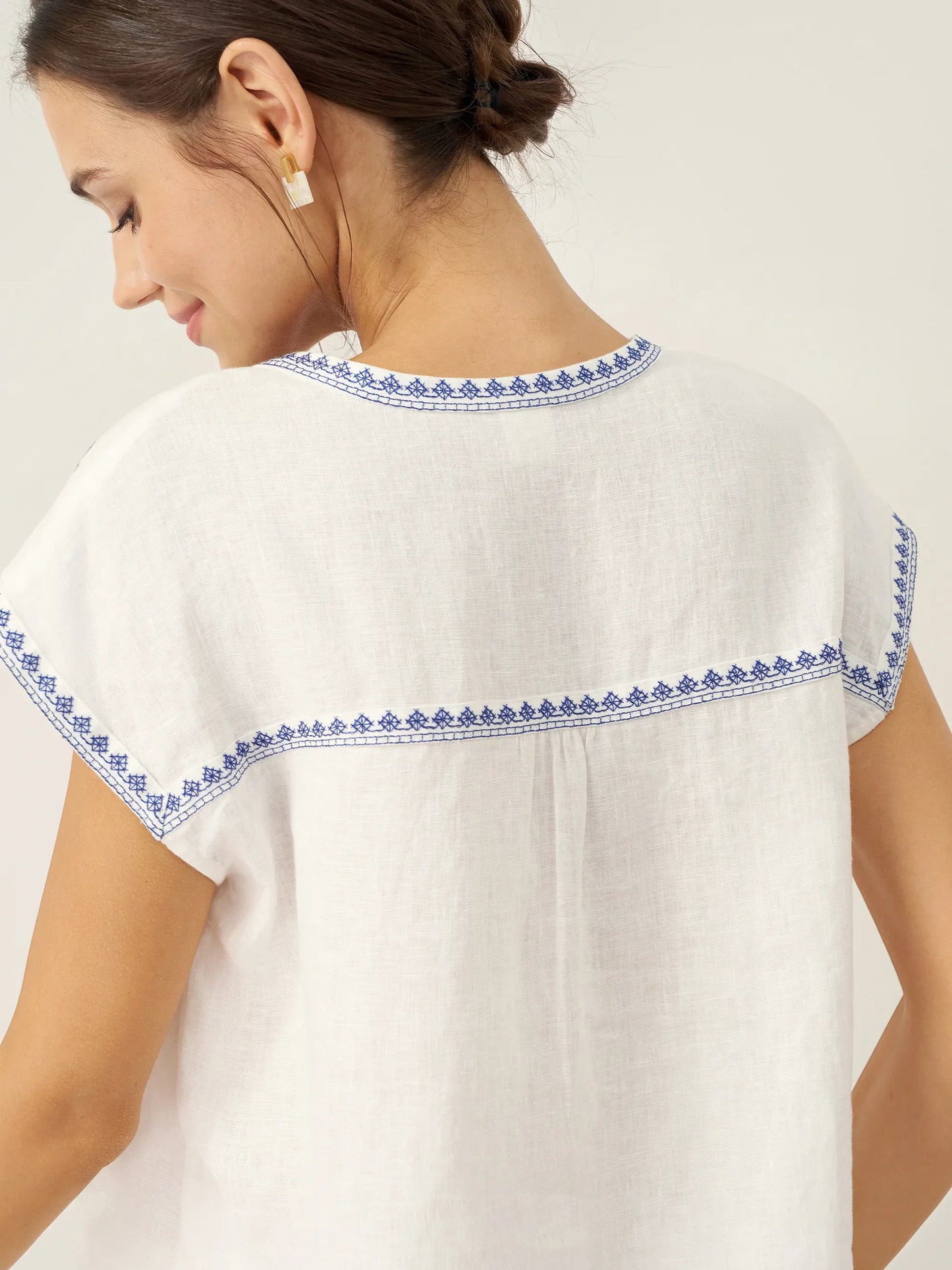 Keira | Women’s Linen V-Neck Embroidered Crop Blouse