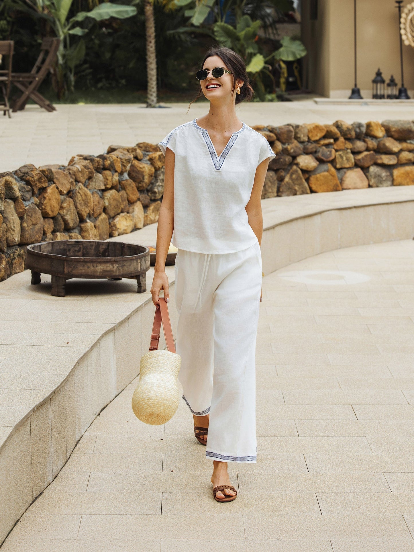 Winslow | Women’s Linen Embroidered Elastic Waist Trousers