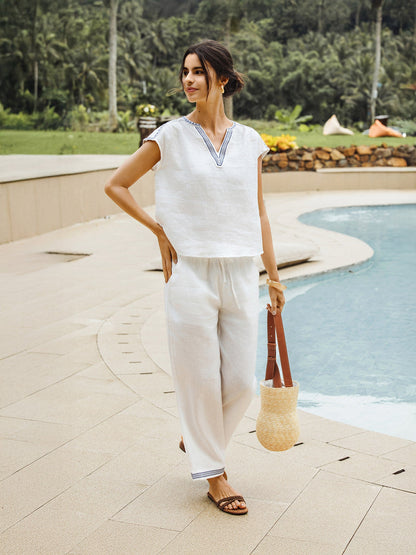 Winslow | Women’s Linen Embroidered Elastic Waist Trousers