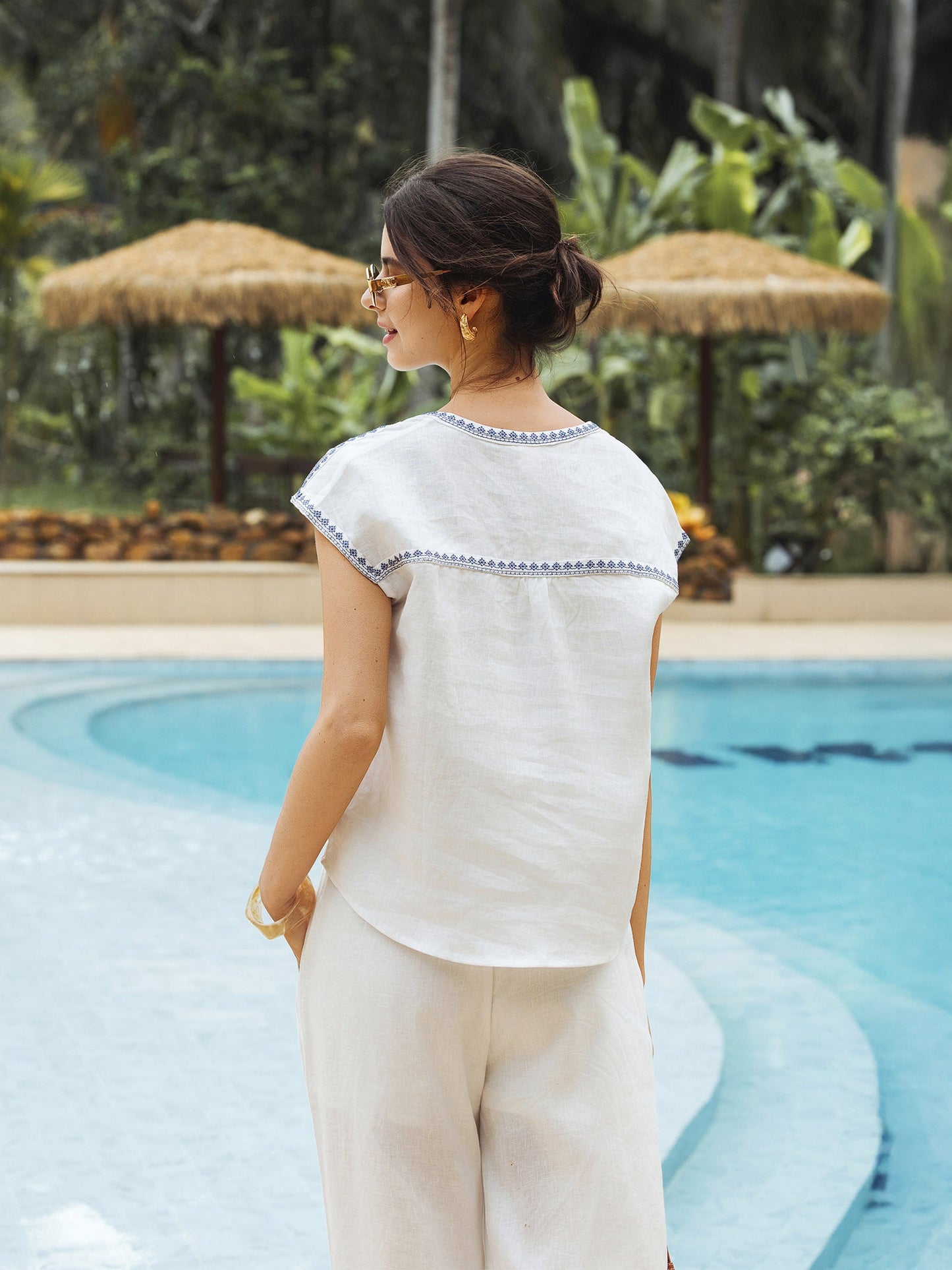 Keira | Women’s Linen V-Neck Embroidered Crop Blouse