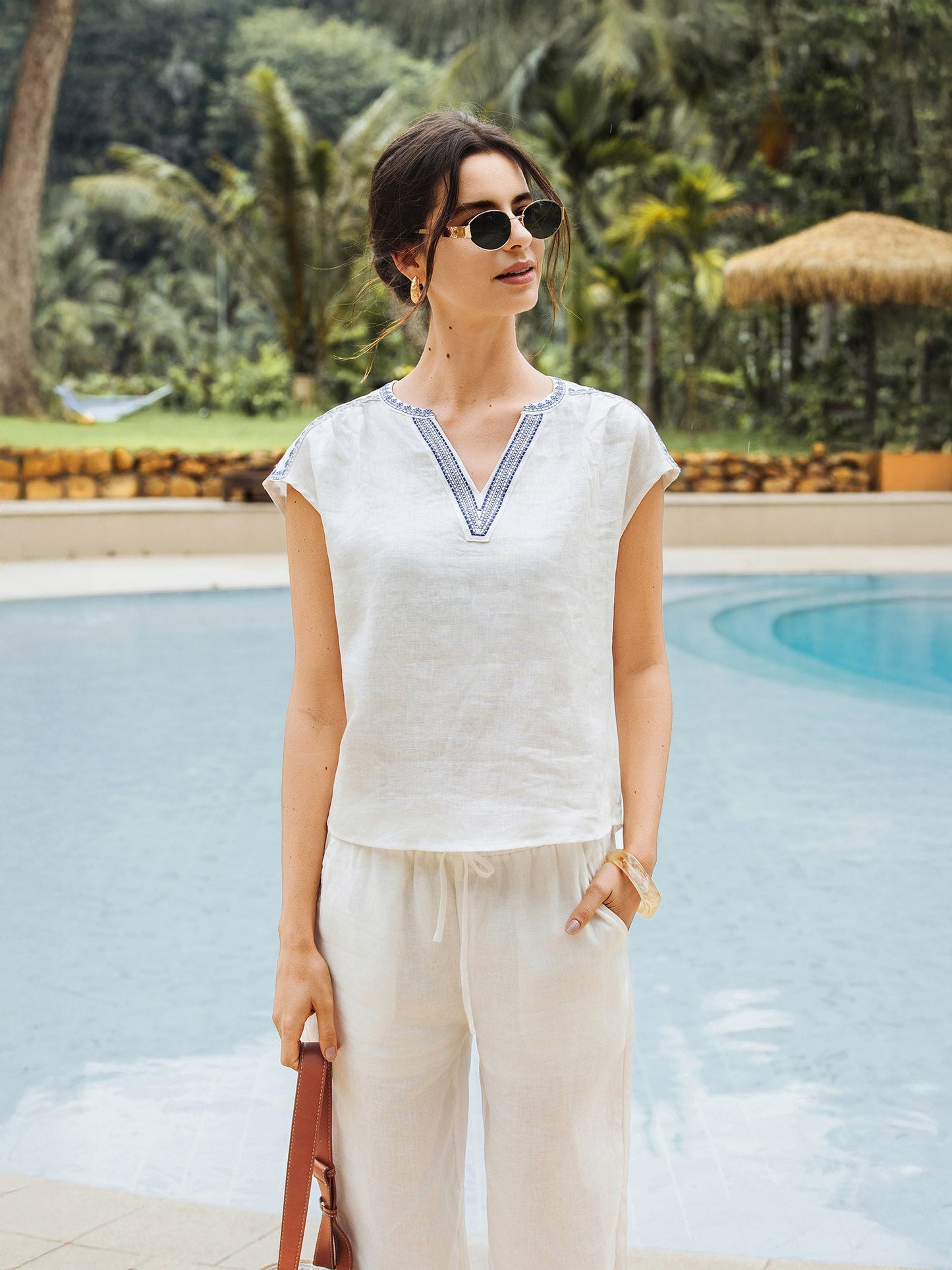 Keira | Women’s Linen V-Neck Embroidered Crop Blouse