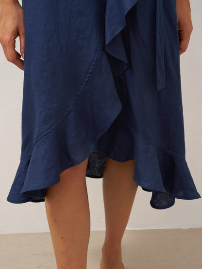 Ophelia | Women’s Linen V-Neck Ruffle Hem Wrap Maxi Dress