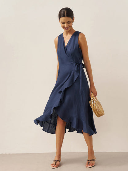 Ophelia | Women’s Linen V-Neck Ruffle Hem Wrap Maxi Dress