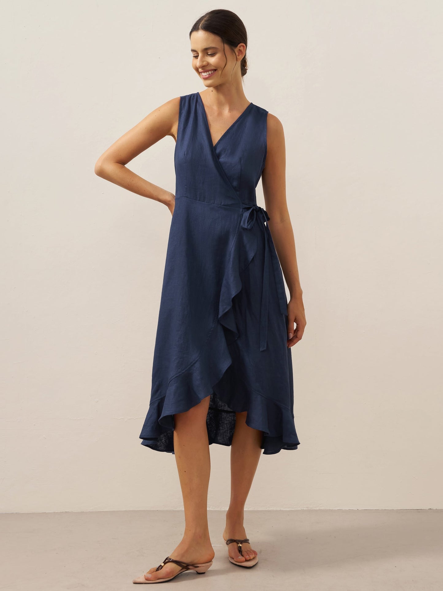 Ophelia | Women’s Linen V-Neck Ruffle Hem Wrap Maxi Dress