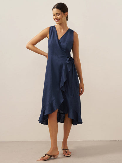 Ophelia | Women’s Linen V-Neck Ruffle Hem Wrap Maxi Dress