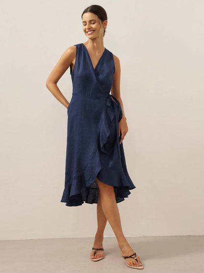 Ophelia | Women’s Linen V-Neck Ruffle Hem Wrap Maxi Dress