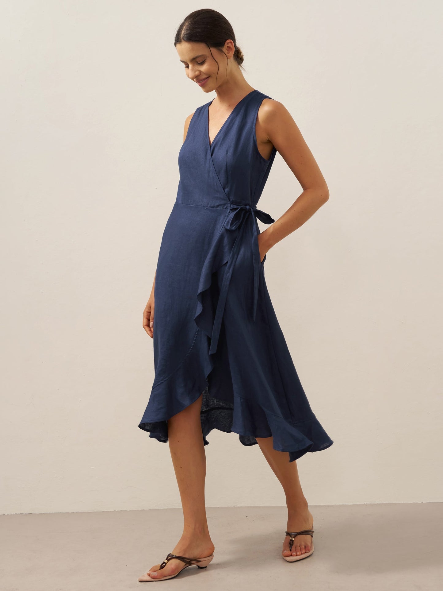 Ophelia | Women’s Linen V-Neck Ruffle Hem Wrap Maxi Dress