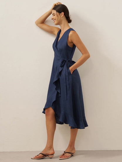 Ophelia | Women’s Linen V-Neck Ruffle Hem Wrap Maxi Dress