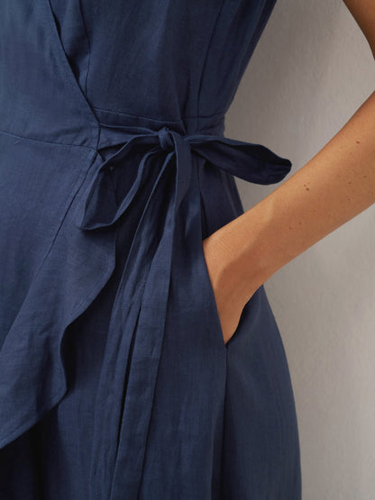 Ophelia | Women’s Linen V-Neck Ruffle Hem Wrap Maxi Dress