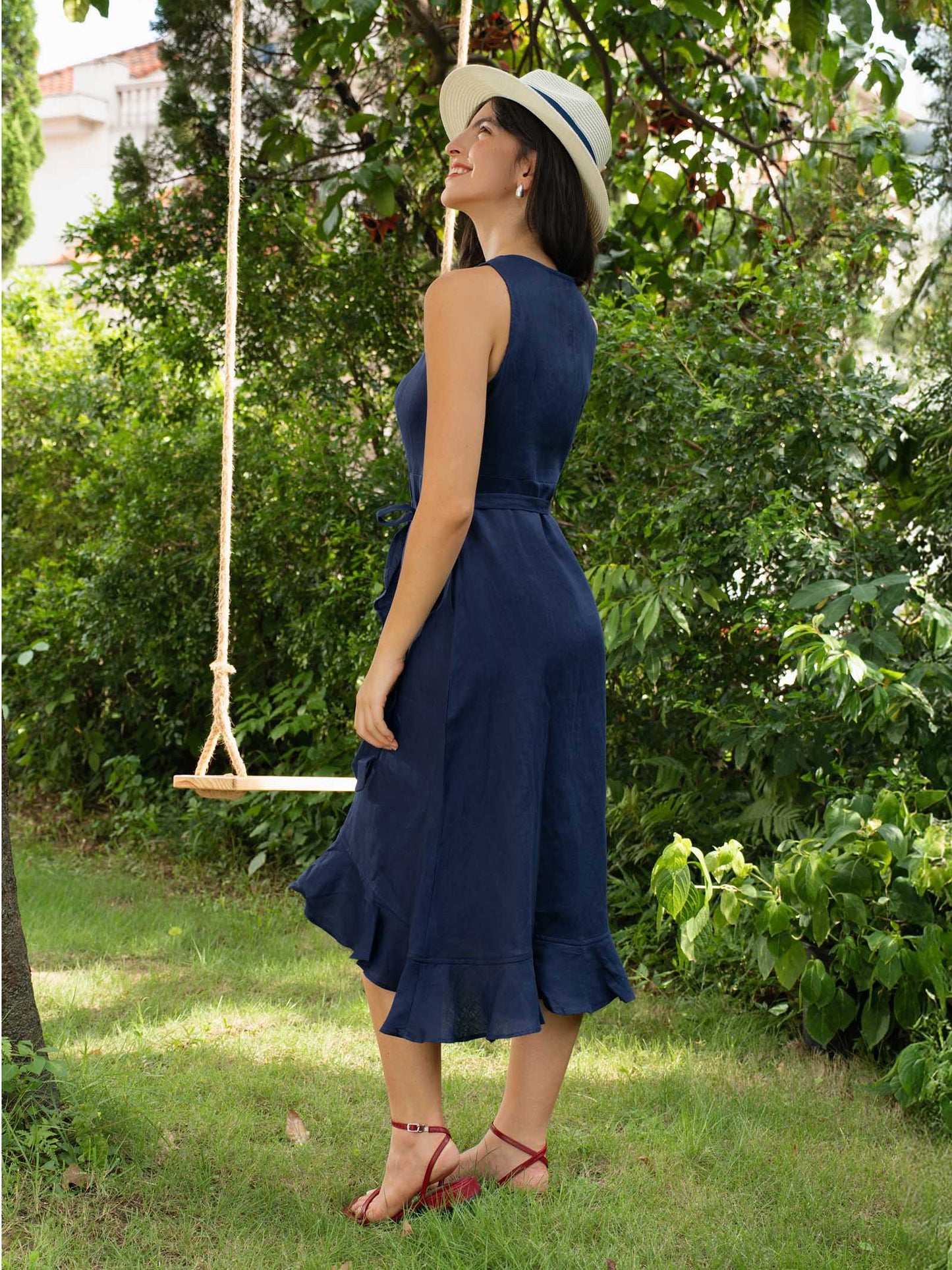 Ophelia | Women’s Linen V-Neck Ruffle Hem Wrap Maxi Dress