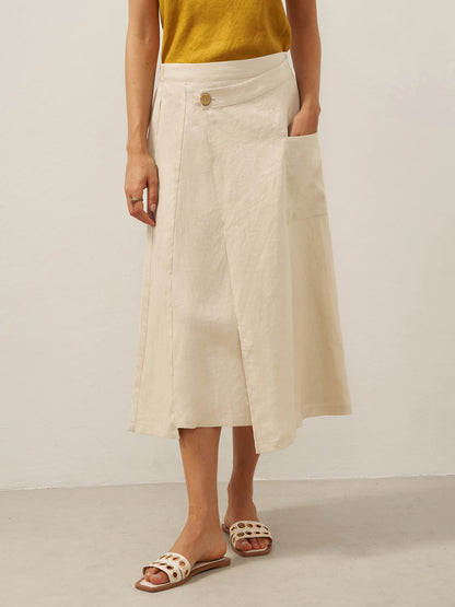 Lila  | Women’s Linen Angled Closure Wrap Midi Skirt