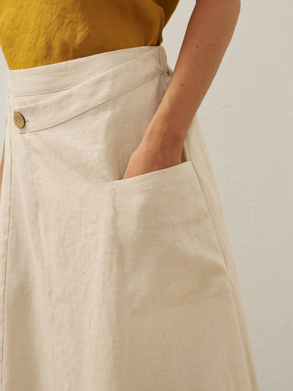 Lila  | Women’s Linen Angled Closure Wrap Midi Skirt