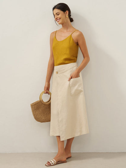 Lila  | Women’s Linen Angled Closure Wrap Midi Skirt