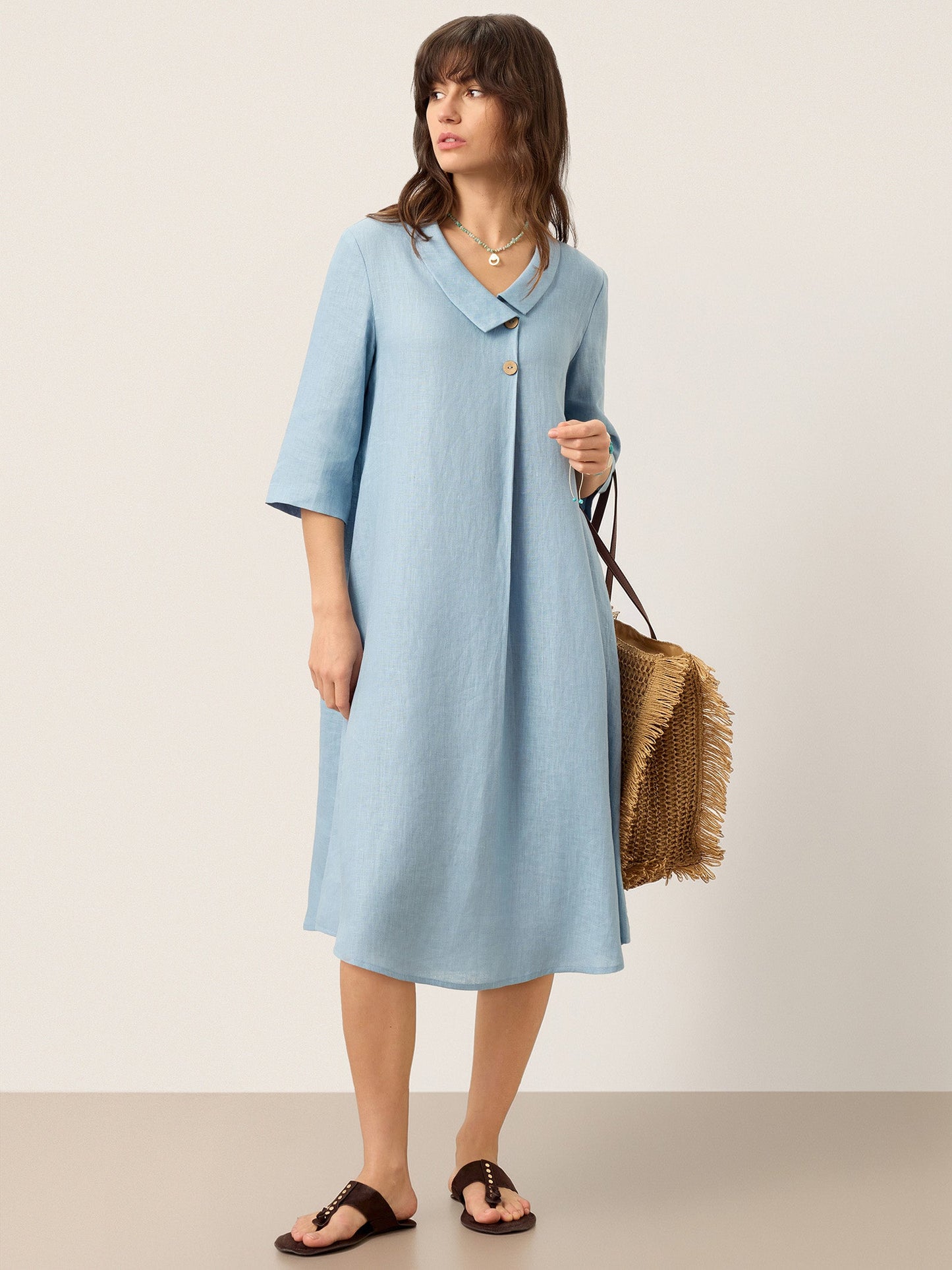 Peyton | Women’s Linen Asymmetric Shawl Collar A-Line Midi Dress