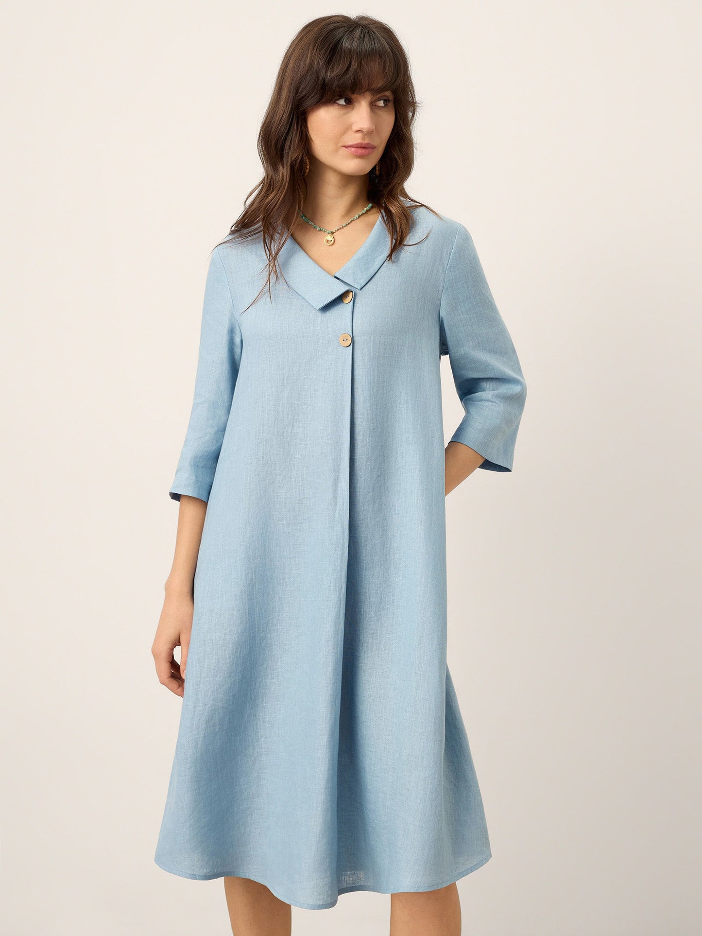 Peyton | Women’s Linen Asymmetric Shawl Collar A-Line Midi Dress